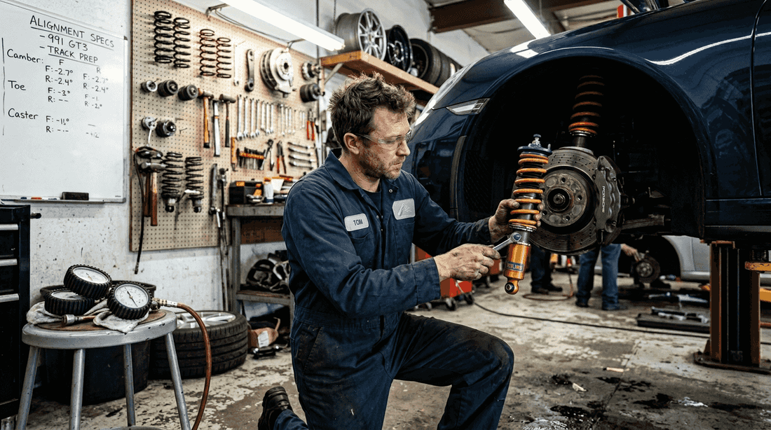 Suspension specialist adjusting coilovers in workshop