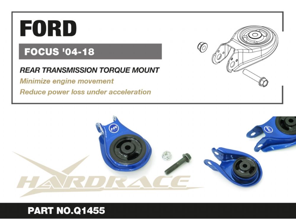 Ford Focus 04-18 rear transmission torque mount with Blue Hairrace part on a white background