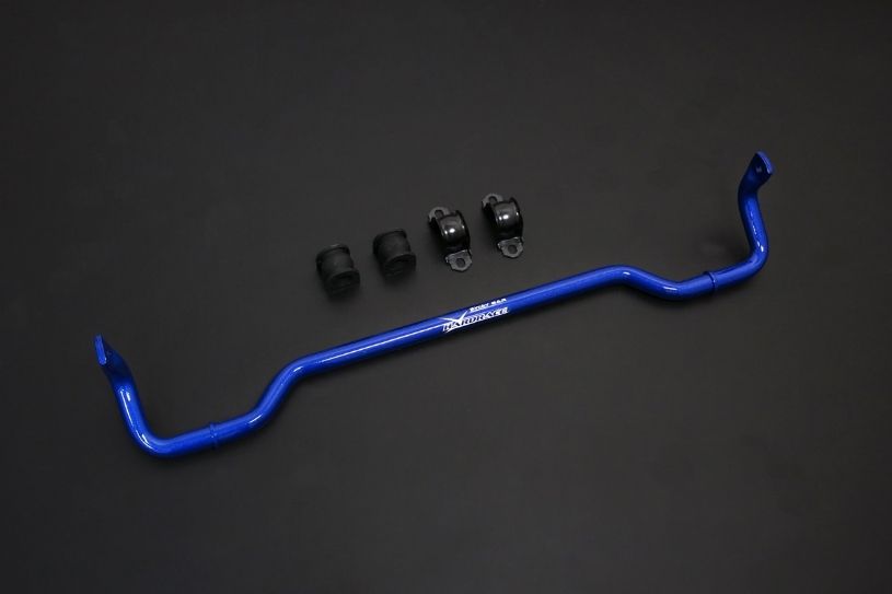Blue suspension stabilizer bar with hardware on a black background