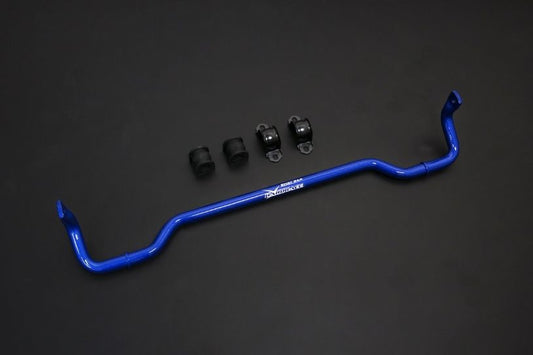 Blue suspension stabilizer bar with hardware on a black background