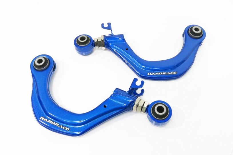 Blue car suspension components with 'Hardrace' branding on a white background