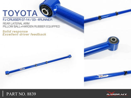 Blue Toyota FJ Cruiser or 4Runner rear lateral arm with branding and specifications on a white background.