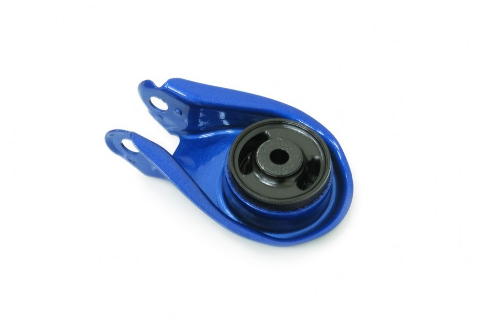 Blue metal component with a black center on a white background